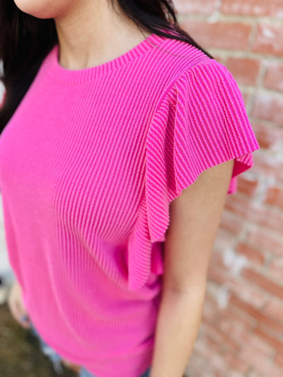 Finding My Joy Corded Ruffle Sleeve Top • Pink-Lovely Melody-Shop Anchored Bliss Women's Boutique Clothing Store
