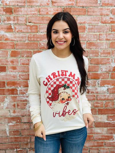 Christmas Vibes Vintage Santa Long Sleeve Graphic Tee-Harps & Oli-Shop Anchored Bliss Women's Boutique Clothing Store