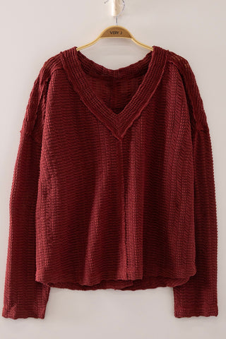Fall Into You Textured V-Neck Sweater • Burgundy-Very J-Shop Anchored Bliss Women's Boutique Clothing Store