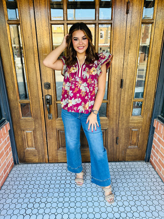 Come As You Are Floral Flutter Sleeve Top • Wine-Entro-Shop Anchored Bliss Women's Boutique Clothing Store