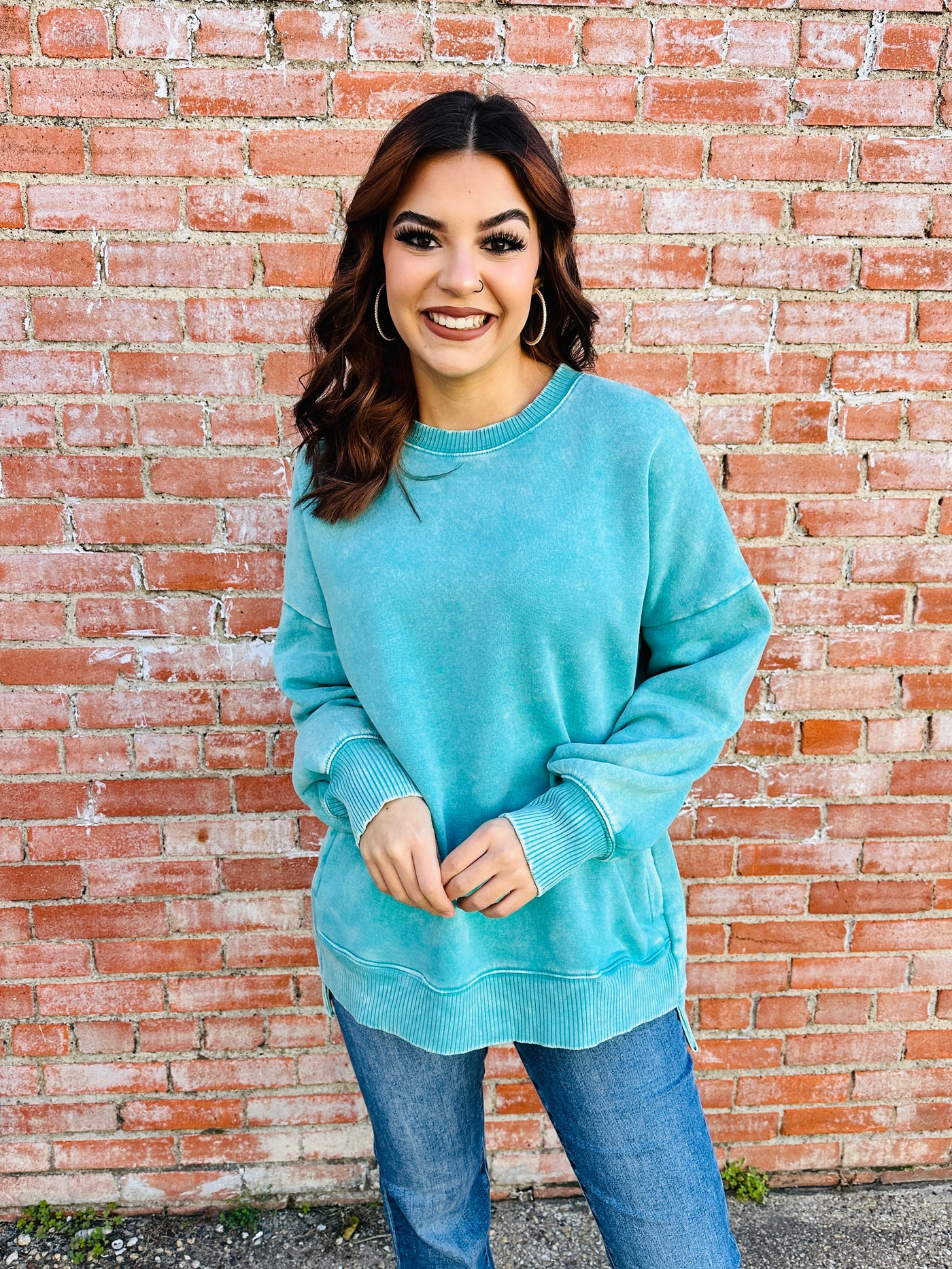 Coziest By Your Side Acid Washed Pullover • Turquoise-Zenana-Shop Anchored Bliss Women's Boutique Clothing Store