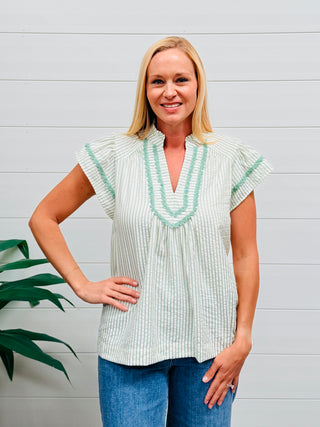 Devoted Heart Flutter Sleeve V-Neck Top • Sage Green-Umgee-Shop Anchored Bliss Women's Boutique Clothing Store