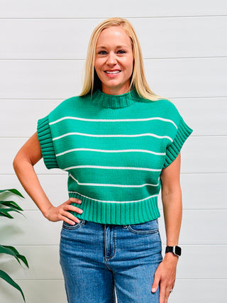 Coastal Breeze Striped Mock Neck Sweater • Kelly Green