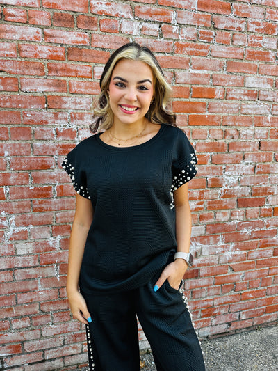 Thinking About You Textured Pearl Capped Sleeve Top • Black-Umgee-Shop Anchored Bliss Women's Boutique Clothing Store