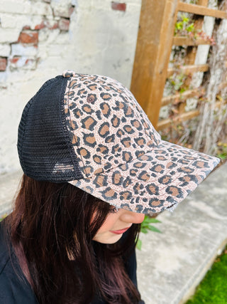 Pink Leopard Pony Tail Hat • Black Mesh-DMC-Shop Anchored Bliss Women's Boutique Clothing Store