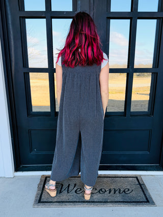 Wishful Thinking Sleeveless Corded Jumpsuit • Charcoal-Lovely Melody-Shop Anchored Bliss Women's Boutique Clothing Store
