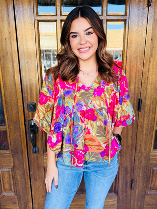 Lovely Little Thing Floral Bubble Sleeve Top • Olive-Oddi-Shop Anchored Bliss Women's Boutique Clothing Store