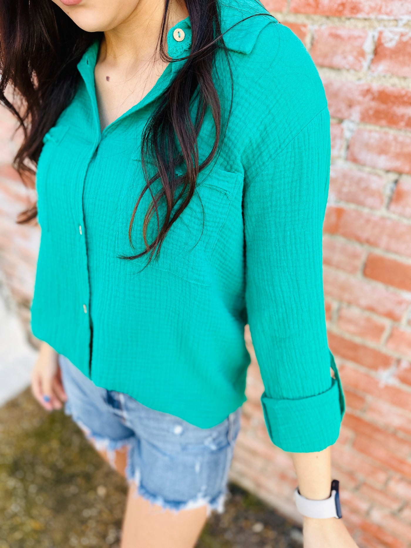 Yours Truly Button Down Top • Green-Zenana-Shop Anchored Bliss Women's Boutique Clothing Store