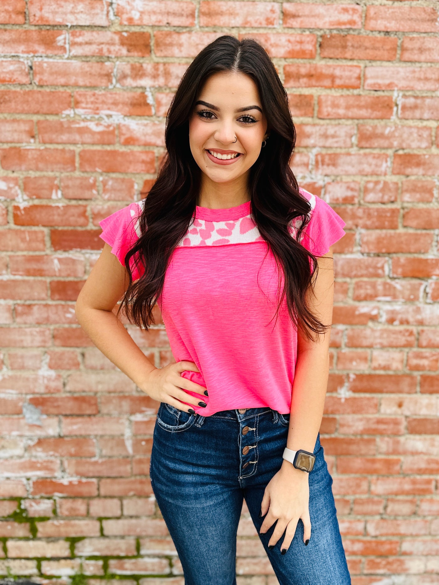 Happiest Here Leopard Ruffle Sleeve Top • Neon Pink-Bibi-Shop Anchored Bliss Women's Boutique Clothing Store