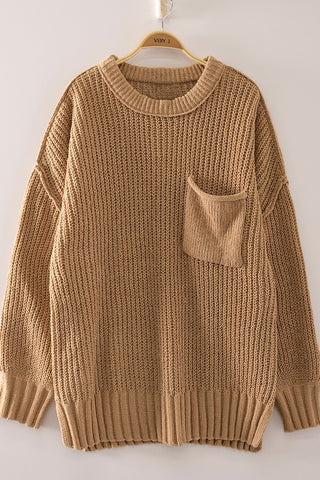Stay Awhile Chunky Knit Pocket Sweater • Mocha-Very J-Shop Anchored Bliss Women's Boutique Clothing Store