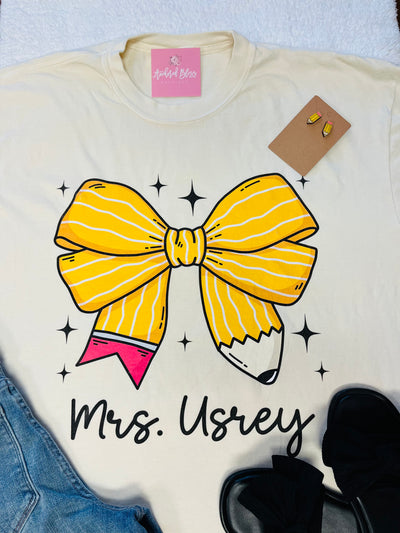 Custom Name Pencil Bow Graphic Tee-Harps & Oli-Shop Anchored Bliss Women's Boutique Clothing Store