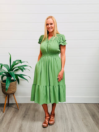 Stop and Stare Ruffle Trim Midi Dress • Sage Green-Stacey Kluttz-Shop Anchored Bliss Women's Boutique Clothing Store