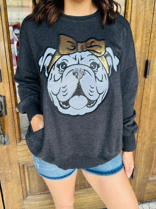 Bulldog Sequin Patch Mineral Washed Sweatshirt • Pepper-Harps & Oli-Shop Anchored Bliss Women's Boutique Clothing Store