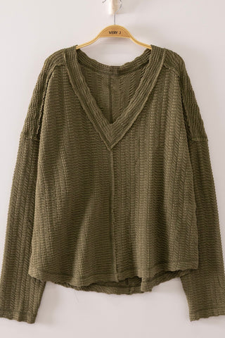 Fall Into You Textured V-Neck Sweater • Olive-Very J-Shop Anchored Bliss Women's Boutique Clothing Store