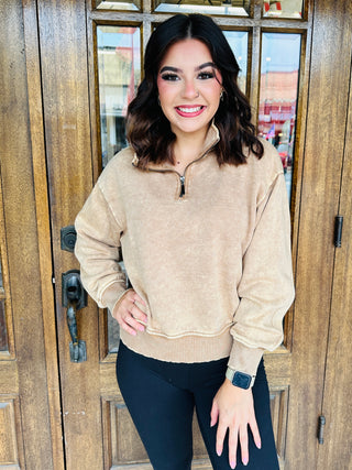 Take a Moment Acid Wash Half Zip Pullover • Camel-Zenana-Shop Anchored Bliss Women's Boutique Clothing Store