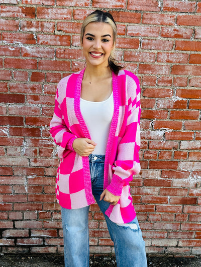 All the Good Times Checkered Cardigan • Pink-Thomas and Co-Shop Anchored Bliss Women's Boutique Clothing Store