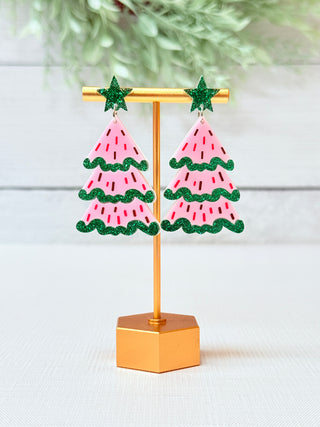 Festive Pink Christmas Tree Acrylic Earrings-Brittany Carl-Shop Anchored Bliss Women's Boutique Clothing Store