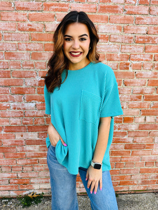 Just Between Us Corded Pocket Top • Turquoise-Zenana-Shop Anchored Bliss Women's Boutique Clothing Store