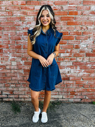 It’s the Little Things Ruffle Sleeve Dress • Denim-Bibi-Shop Anchored Bliss Women's Boutique Clothing Store