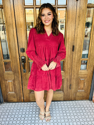 By All Means Long Sleeve Corded Dress Red-Simply Southern-Shop Anchored Bliss Women's Boutique Clothing Store