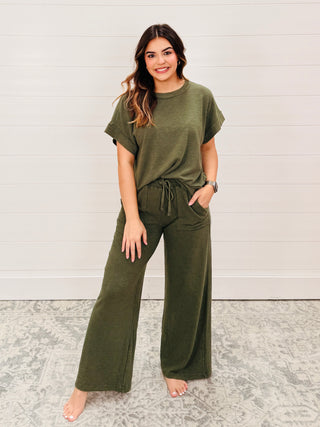On the Down Low Crew Neck Top and Pant Set • Olive-Zenana-Shop Anchored Bliss Women's Boutique Clothing Store