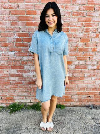 Keep it Casual Mineral Washed Collared Midi Dress • Blue Grey-Zenana-Shop Anchored Bliss Women's Boutique Clothing Store