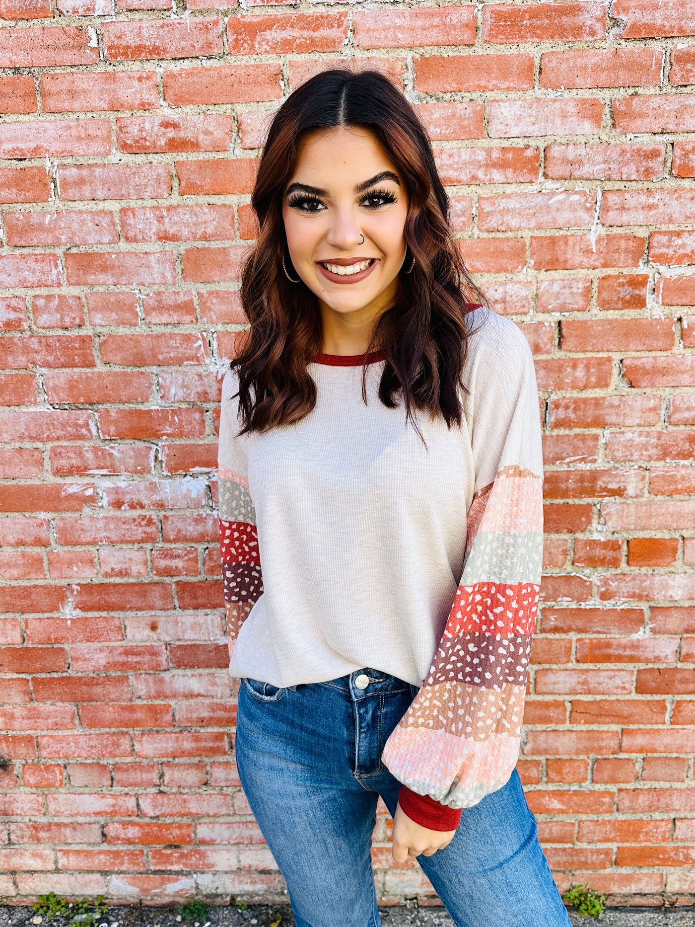 Forever and Ever Mixed Print Top • Oatmeal-Bibi-Shop Anchored Bliss Women's Boutique Clothing Store