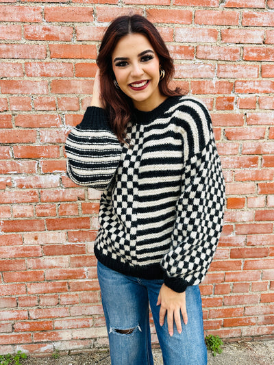 Just Between Us Striped and Checkered Sweater • Black-Blu Pepper-Shop Anchored Bliss Women's Boutique Clothing Store