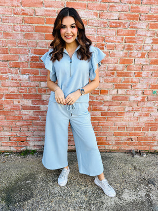 Want You Now Ruffle Sleeve Top • Light Blue-Entro-Shop Anchored Bliss Women's Boutique Clothing Store