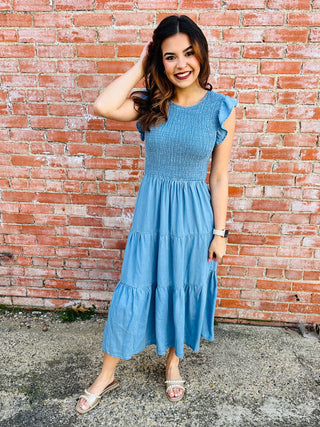 Stuck on You Ruffle Sleeve Dress • Blue-Blu Pepper-Shop Anchored Bliss Women's Boutique Clothing Store