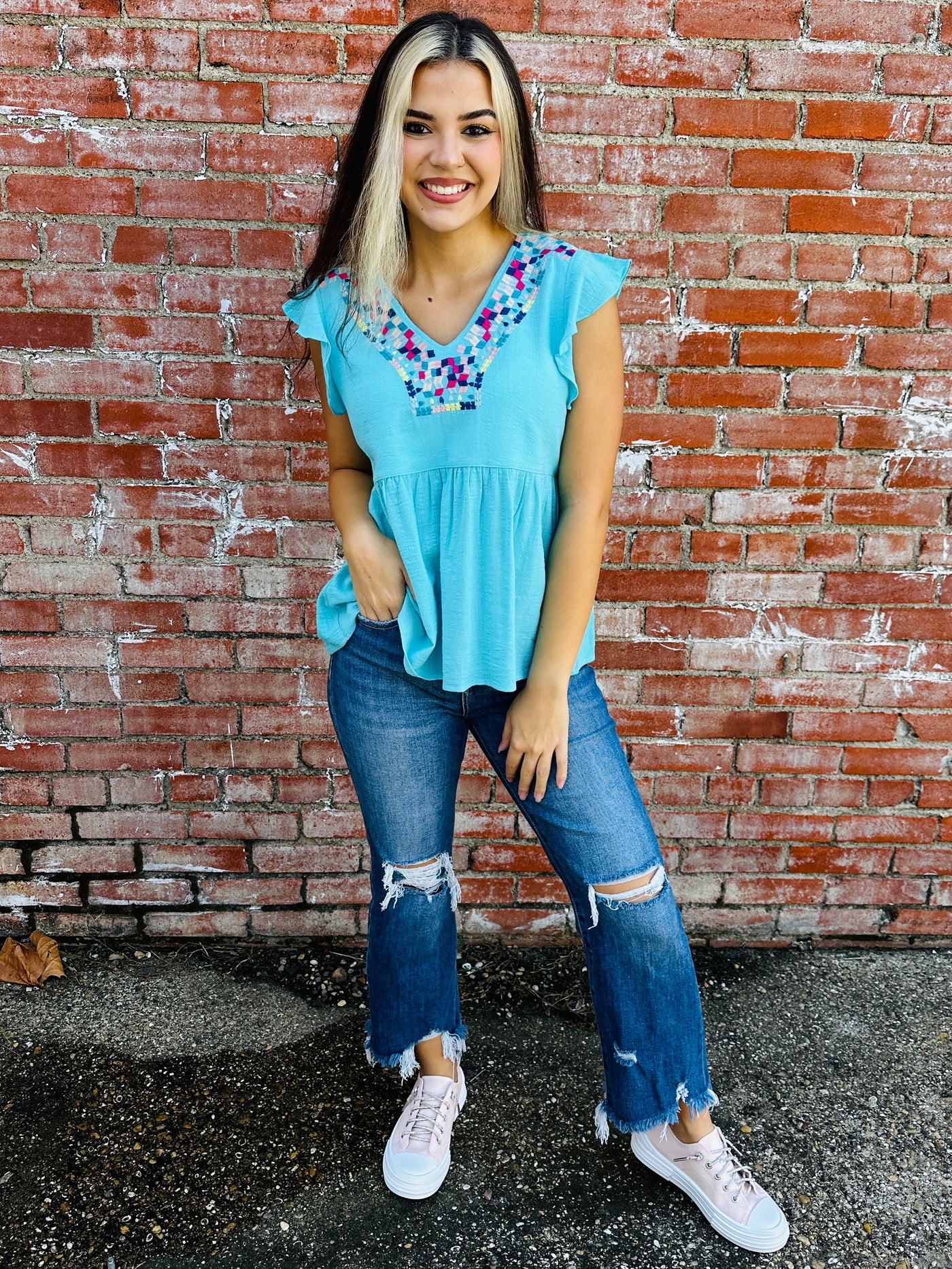 All That I Want Embroidered V-Neck Top • Teal-Kori-Shop Anchored Bliss Women's Boutique Clothing Store