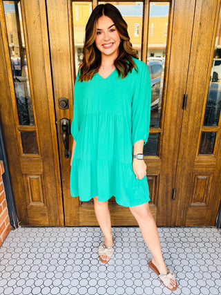 On The Run V-Neck Tiered Dress • Mint Green-Stacey Kluttz-Shop Anchored Bliss Women's Boutique Clothing Store