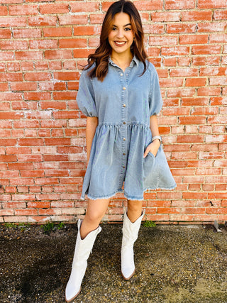 Let Me Adore You Denim Button Down Dress • Medium Wash-Bibi-Shop Anchored Bliss Women's Boutique Clothing Store