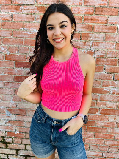 Outstanding Love Ribbed Racerback Crop Top • Coral Fuchsia-Tracy Zelenuk-Shop Anchored Bliss Women's Boutique Clothing Store