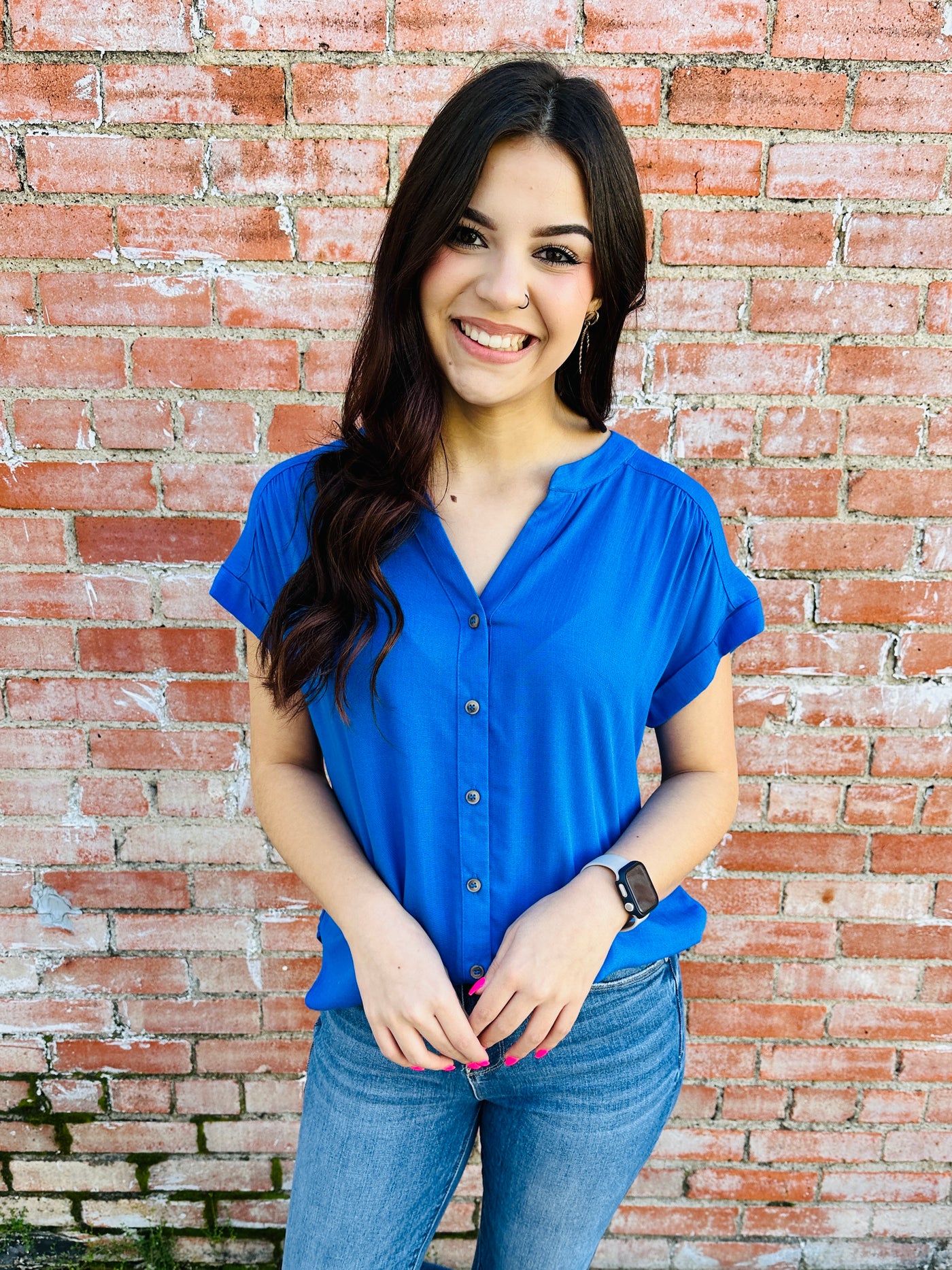 In My Element Roll Sleeve Button Down Top • Royal Blue-Blu Pepper-Shop Anchored Bliss Women's Boutique Clothing Store