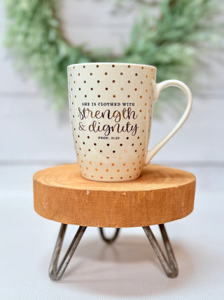 Clothed in Strength & Dignity - Gold Polka Dot Coffee Mug-Brittany Carl-Shop Anchored Bliss Women's Boutique Clothing Store