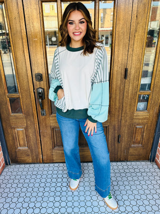 Worth Your Time Striped Color Block Sweatshirt • Mint Green-Oddi-Shop Anchored Bliss Women's Boutique Clothing Store