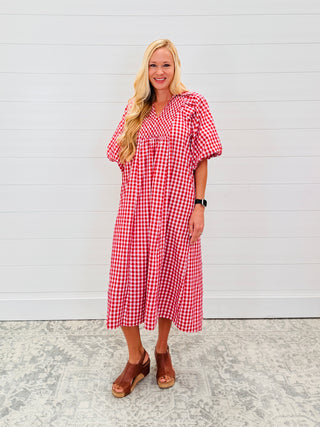 Got a Feeling Puff Sleeve Plaid Midi Dress • Red-Umgee-Shop Anchored Bliss Women's Boutique Clothing Store