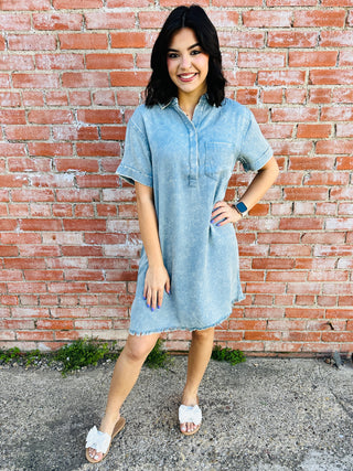 Keep it Casual Mineral Washed Collared Midi Dress • Blue Grey-Zenana-Shop Anchored Bliss Women's Boutique Clothing Store