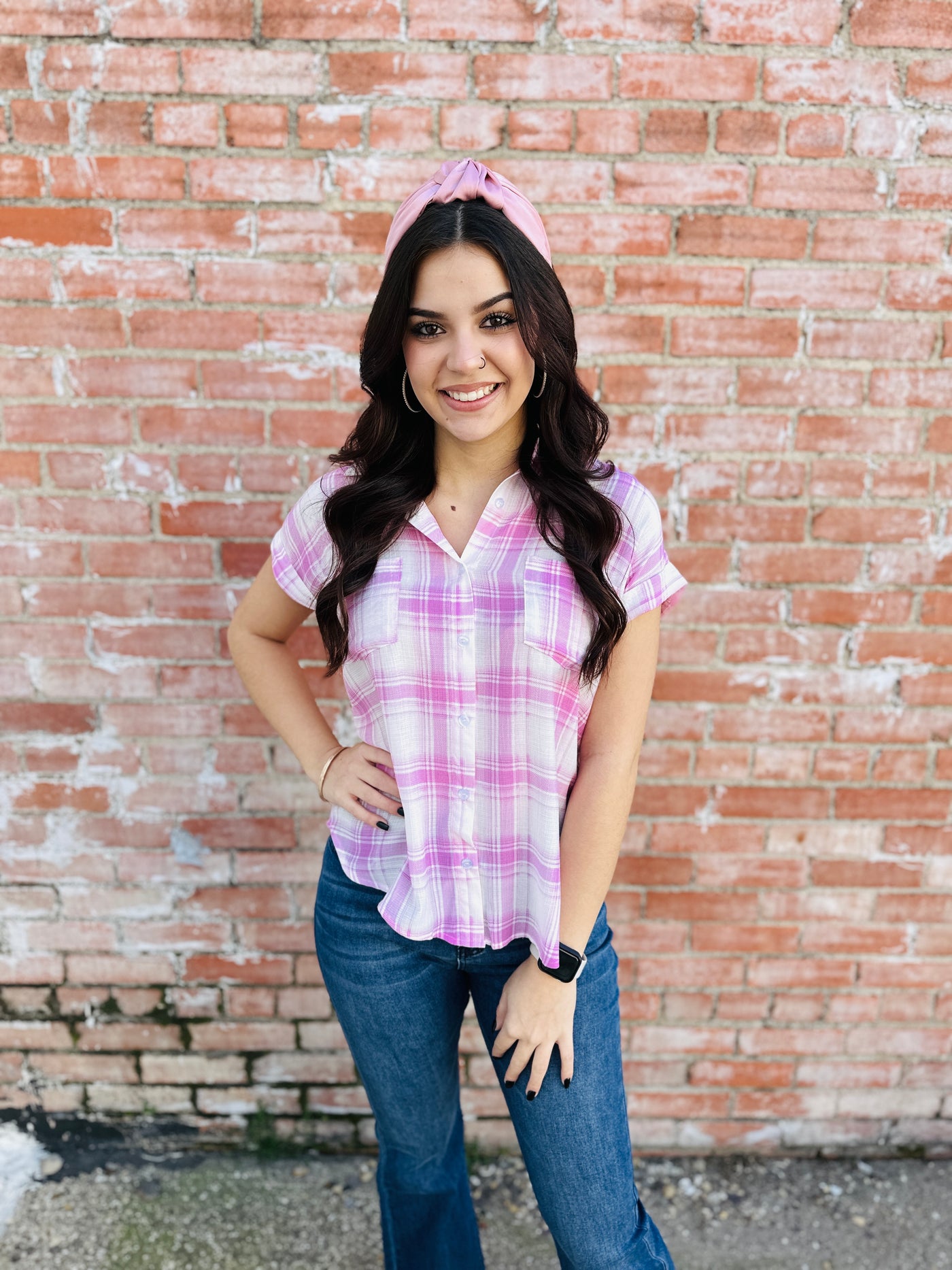 Take Your Time Plaid Button Up Top • Pink-Emerald Creek-Shop Anchored Bliss Women's Boutique Clothing Store