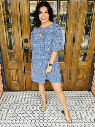 Weekend in Gingham Puff Sleeve Mini Dress • Navy-Fantastic Fawn-Shop Anchored Bliss Women's Boutique Clothing Store