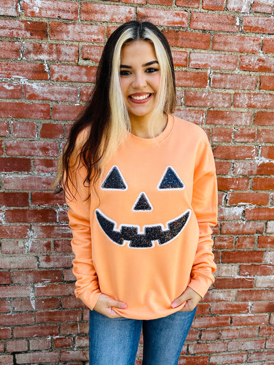 Orange Jack O Lantern Sequin Sweatshirt-Southern Belle-Shop Anchored Bliss Women's Boutique Clothing Store