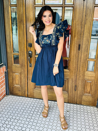 Sweet Beginnings Embroidered Mini Dress • Navy-Oddi-Shop Anchored Bliss Women's Boutique Clothing Store