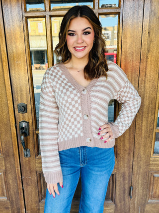 Make the Right Call Checker And Stripe Contrast Knit Cardigan Sweater • Tan-HYFVE-Shop Anchored Bliss Women's Boutique Clothing Store
