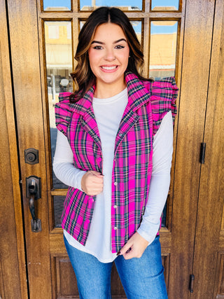 Got a Feeling Plaid Ruffle Sleeve Vest • Pink-Top it Off-Shop Anchored Bliss Women's Boutique Clothing Store