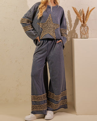 Yours Truly Leopard Star Mineral Wash Lounge Set • Denim