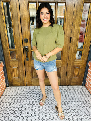 A Solid Love Knitted Flower Top • Olive-Oddi-Shop Anchored Bliss Women's Boutique Clothing Store