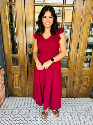 Anything For You Flutter Sleeve Midi Dress • Burgundy-Blu Pepper-Shop Anchored Bliss Women's Boutique Clothing Store