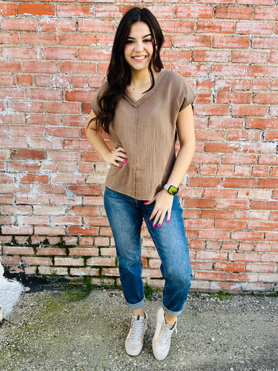 Just A Memory V-Neck Top • Mocha-Andree by Unit-Shop Anchored Bliss Women's Boutique Clothing Store