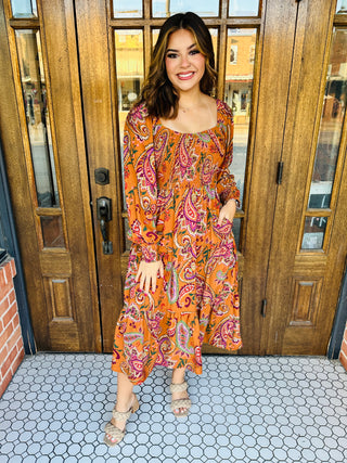 Wishful Thinking Paisley Smocked Midi Dress • Camel-Oddi-Shop Anchored Bliss Women's Boutique Clothing Store